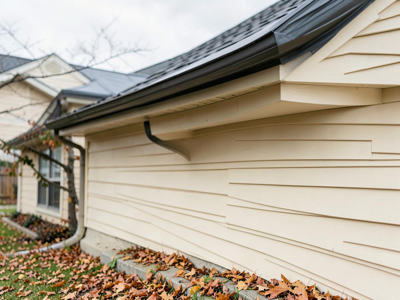 Clean dark residential gutters along a roofline with autumn leaves on the ground below