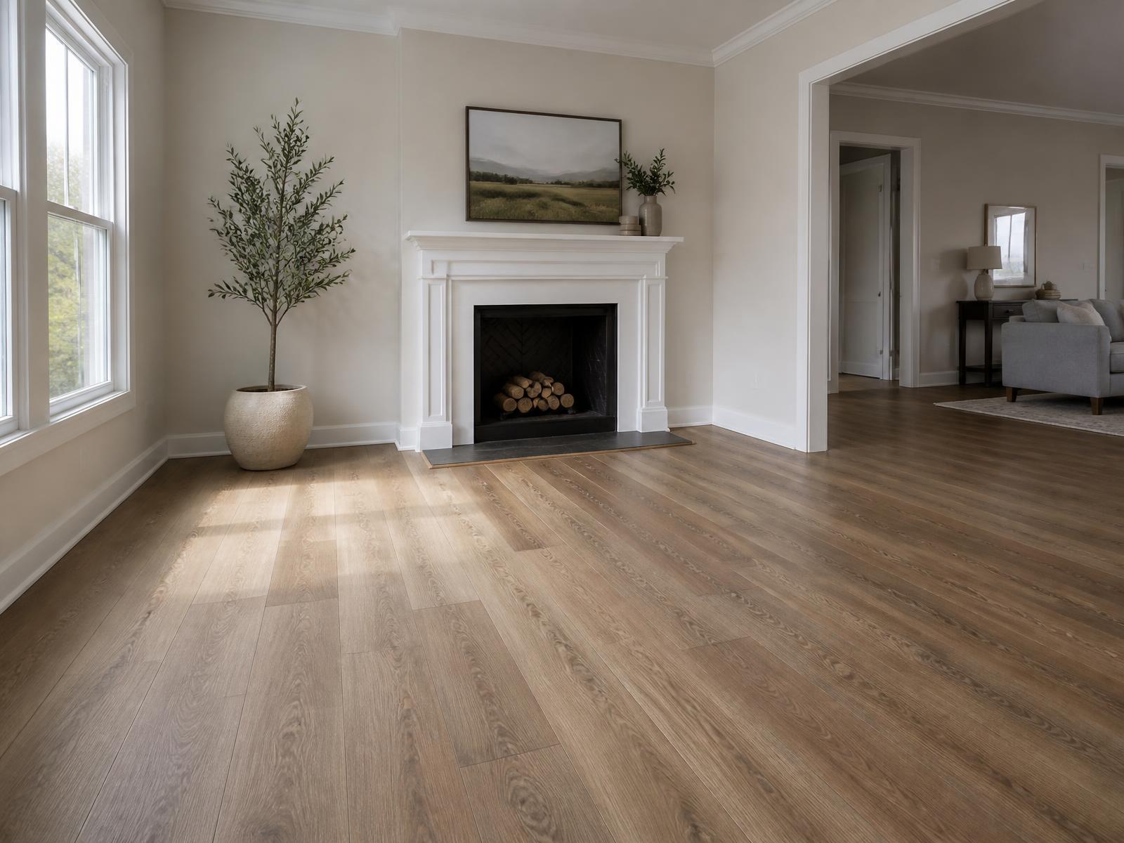 Warm oak-tone luxury vinyl plank flooring installed in a bright living room with freshly painted walls and white trim