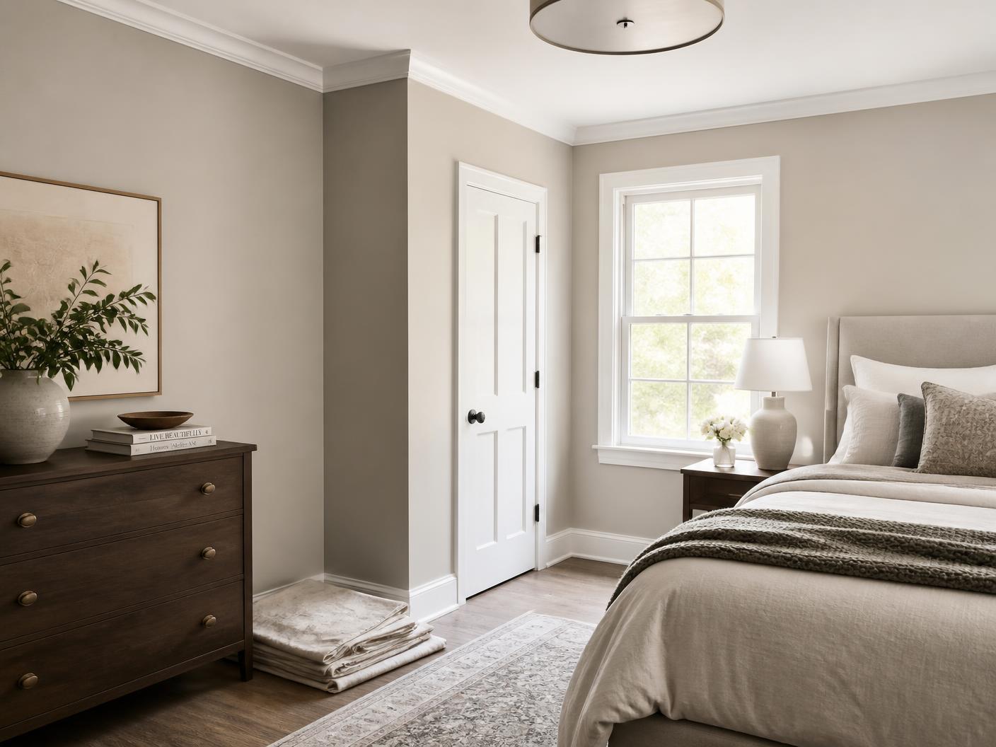 Bedroom with freshly painted warm greige walls, crisp white trim and clean cut-in lines